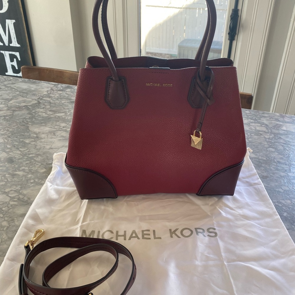 Michael Kors Burgundy Pebbled Leather Satchel with Gold Hardware